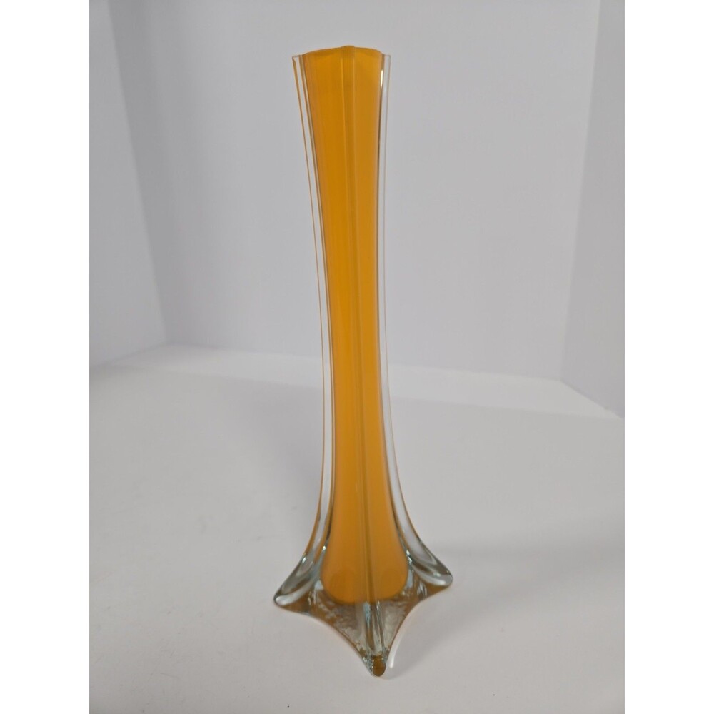 Vintage MCM Orange Cased Art Glass Bud Vase 12" Star Base